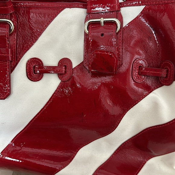 Dooney & Bourke Large Red Patent Leather/White Canvas Striped Tote EUC - Picture 8 of 13